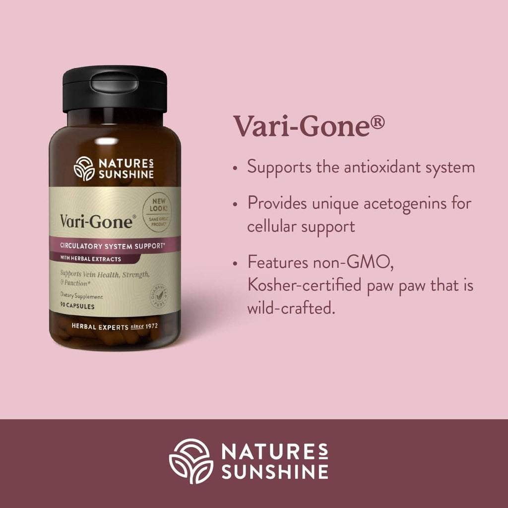 Vari-Gone supplement bottle with black cap; antioxidant system and cellular support bullets