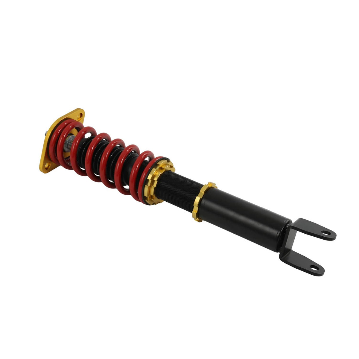 Coilover strut with red spring and gold fittings, black body and fork mount
