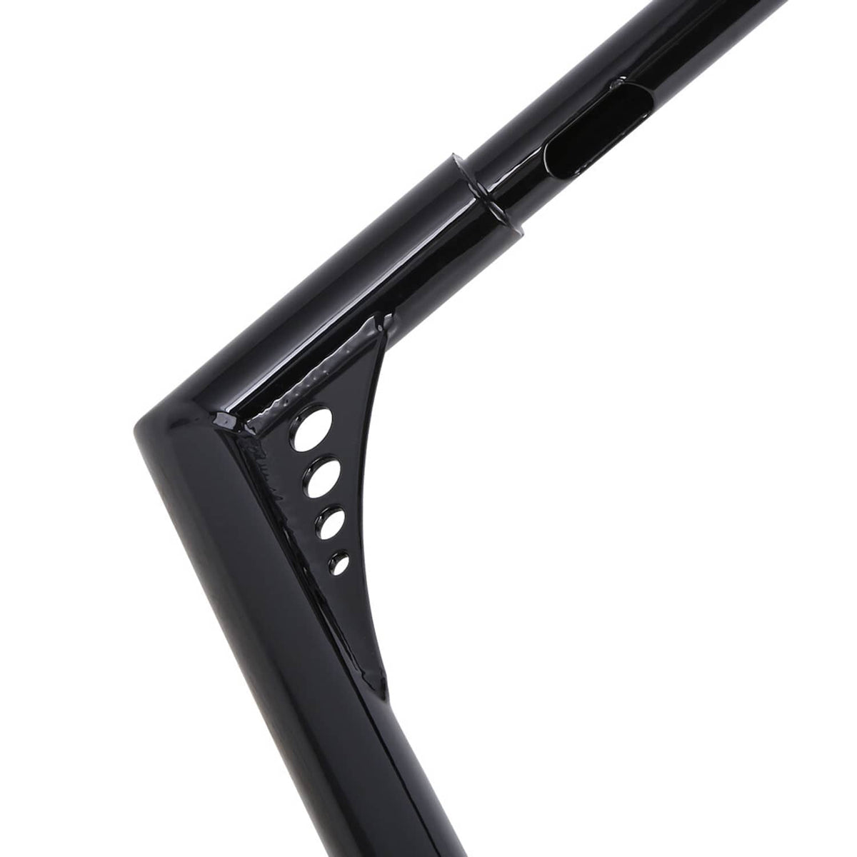 Black motorcycle handlebar with mounting plate and drilled holes along the bar