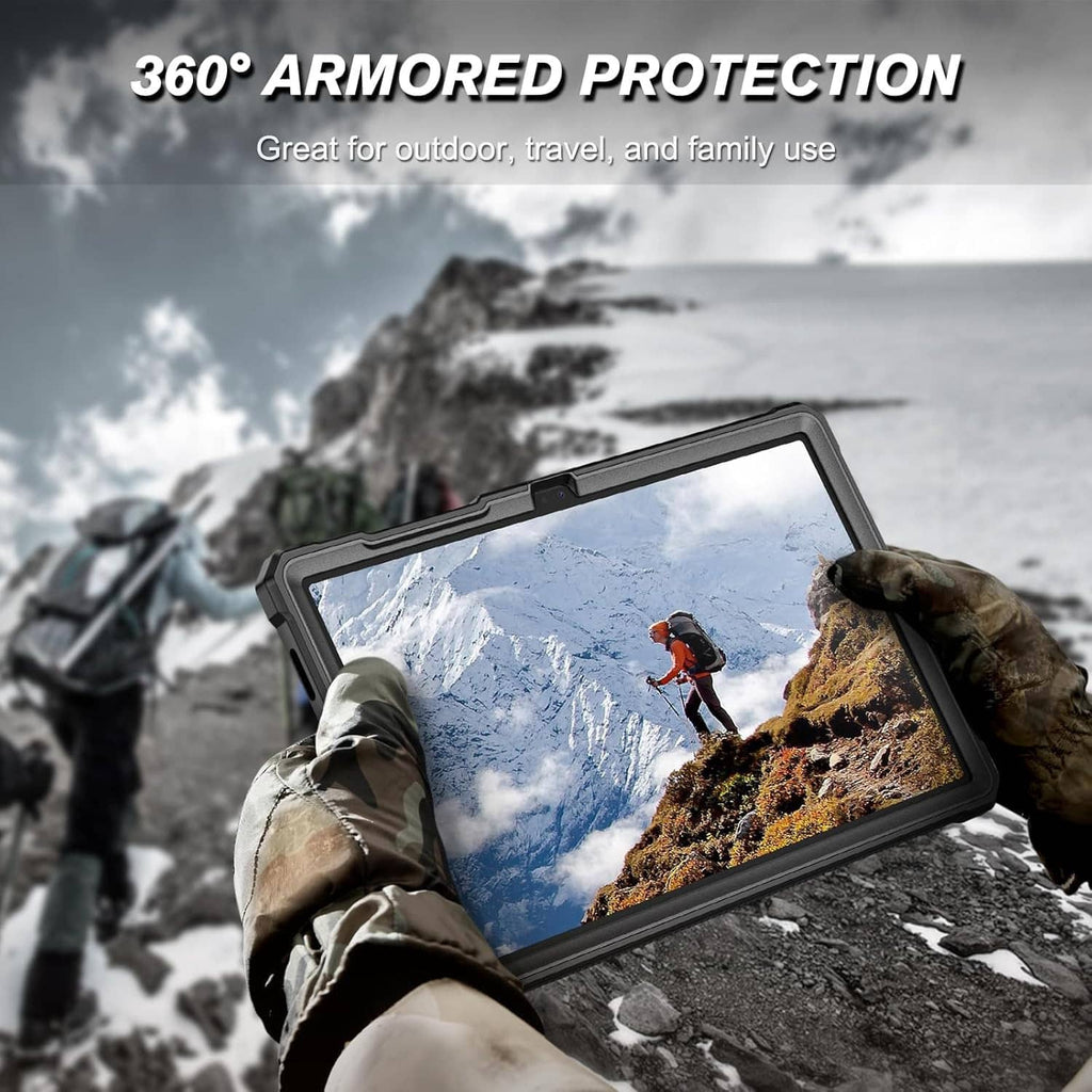 360 armored rugged tablet case with protective frame and kickstand, dark gray/black