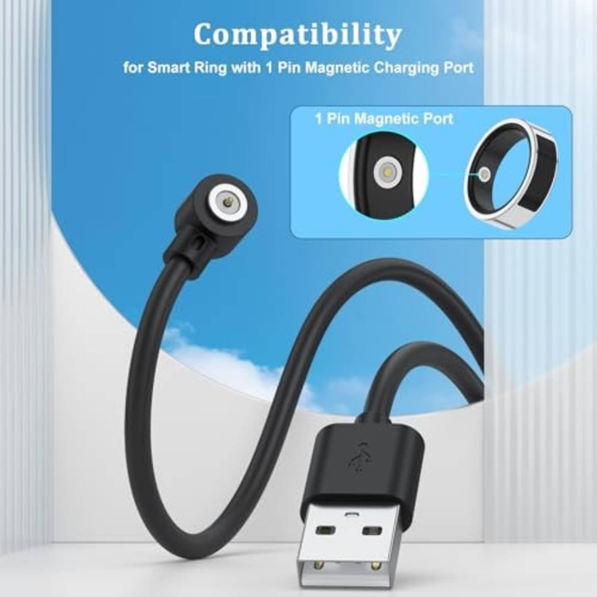 Smart ring charging cable with USB-A plug and magnetic charging port adapter, black