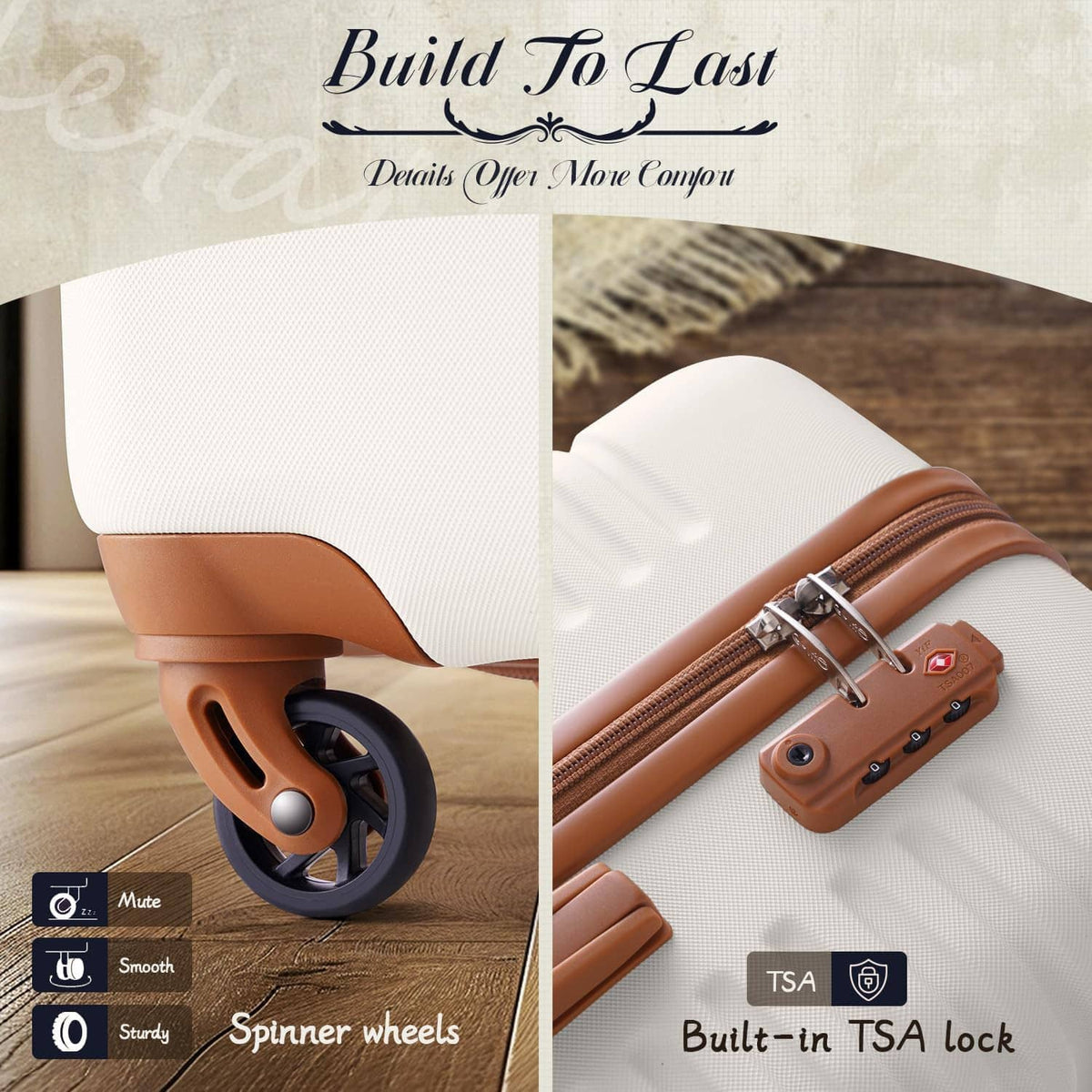 Cream spinner wheels with built-in TSA lock on tan-trim luggage for secure travel.