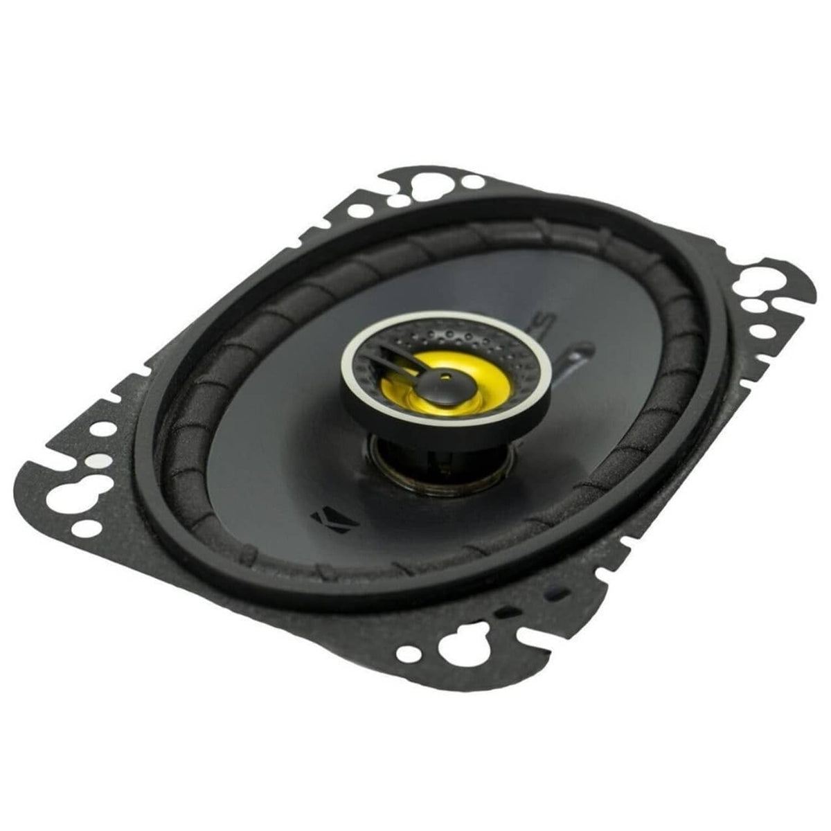 KICKER coaxial car speaker with black housing and yellow center dome