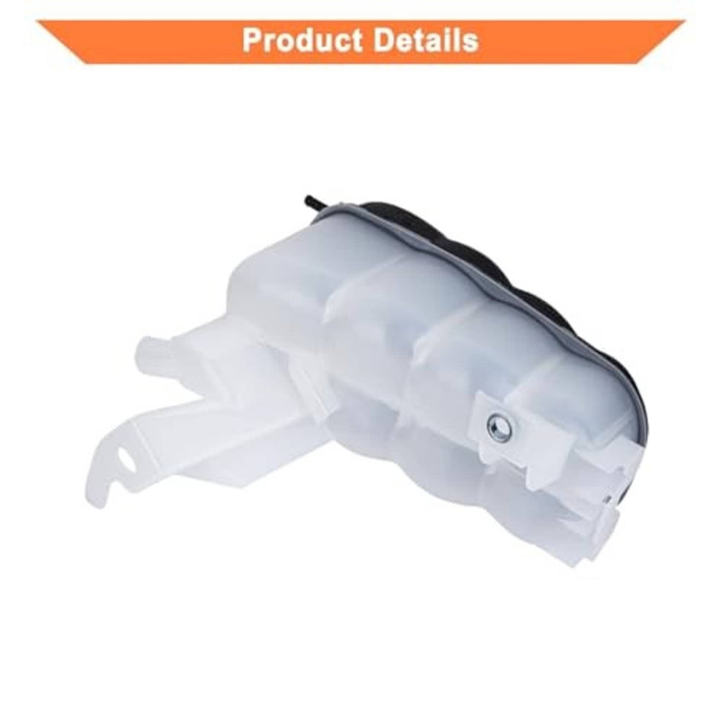 Engine coolant reservoir tank with cap, close view of white internal passages