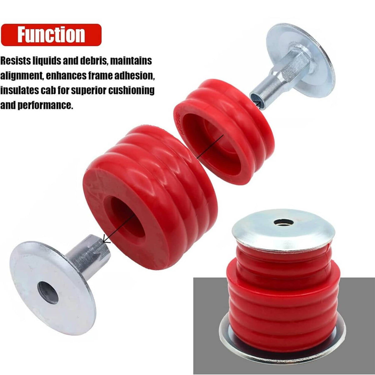 Red cab mount bushings with metal spacers, washers, and mounting studs for cushioning.