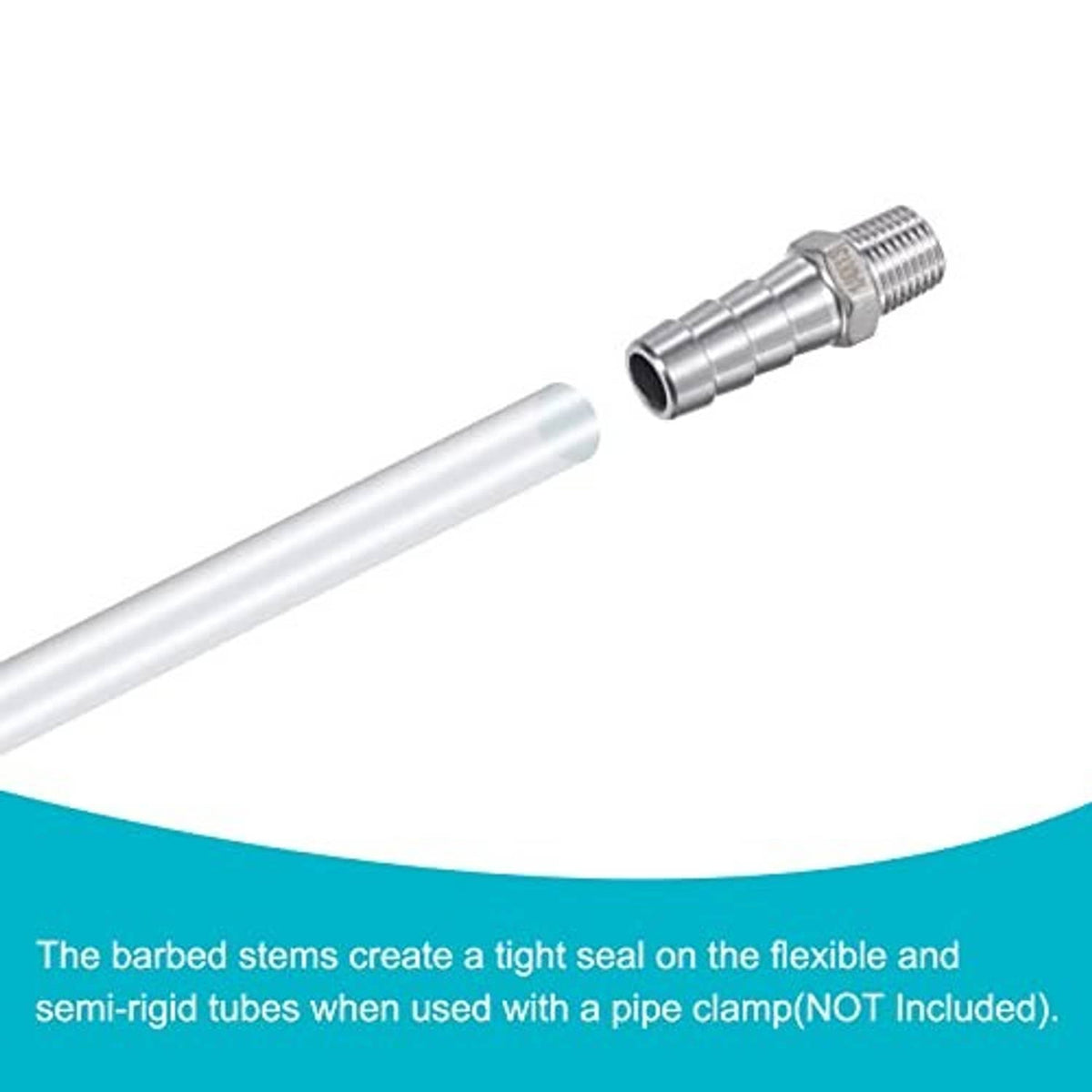 Stainless steel hose barb fitting for tubing insert, with barbed stem and male threads.
