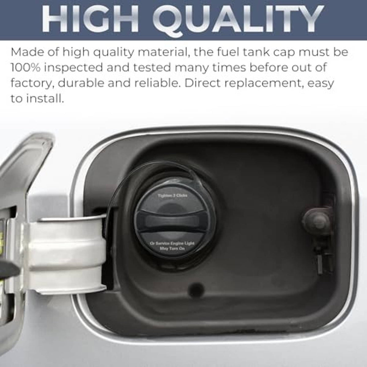 Fuel tank cap shown installed on a vehicle fuel tank opening with black cover