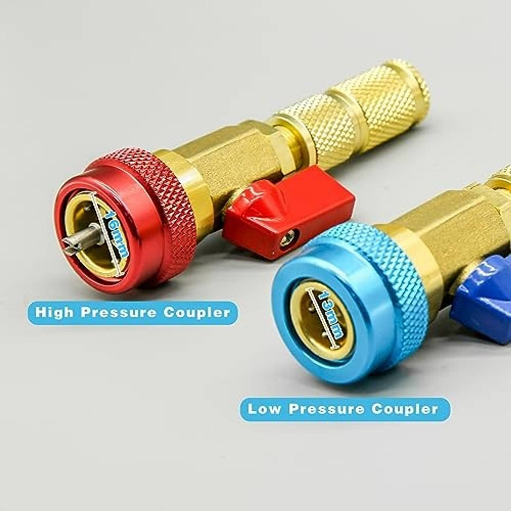 Brass high- and low-pressure AC couplers, red and blue quick-connect fittings