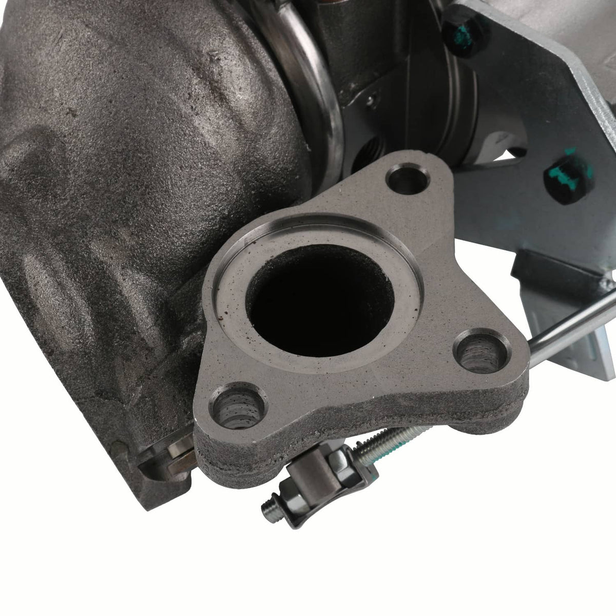 Turbocharger inlet flange and black compressor housing, side close-up