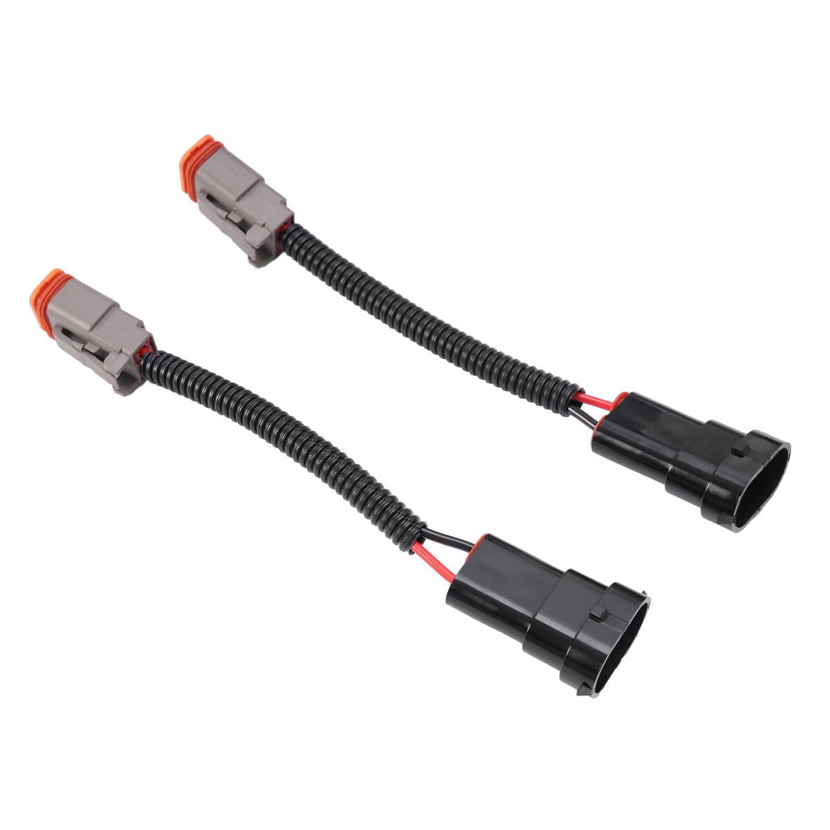LED light wiring harness with two gray connectors and black cable with red wire accents
