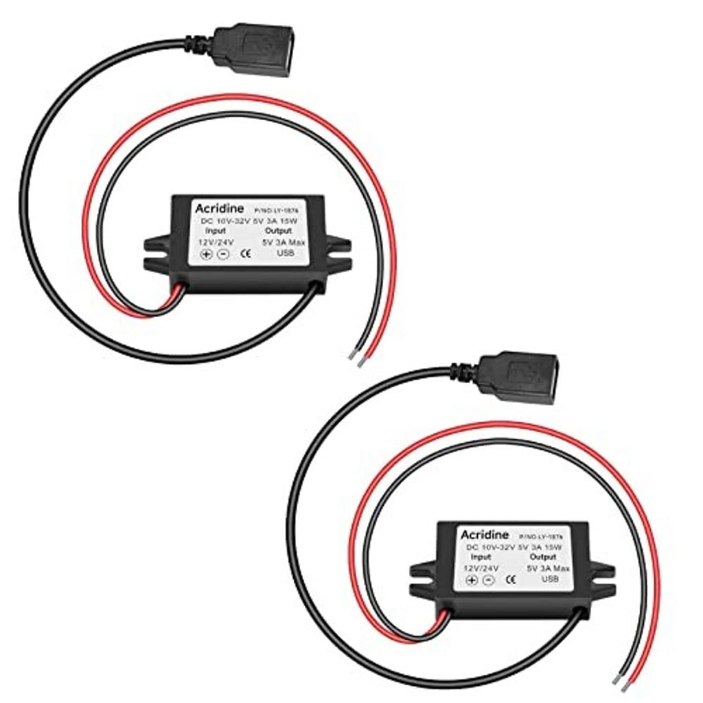 Two 12V/24V to 5V USB DC buck converter adapters with black wire leads