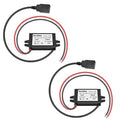 Two 12V/24V to 5V USB DC buck converter adapters with black wire leads