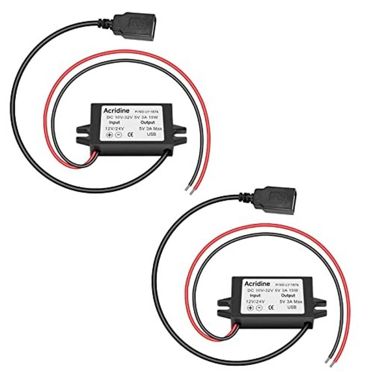 Two 12V/24V to 5V USB DC buck converter adapters with black wire leads
