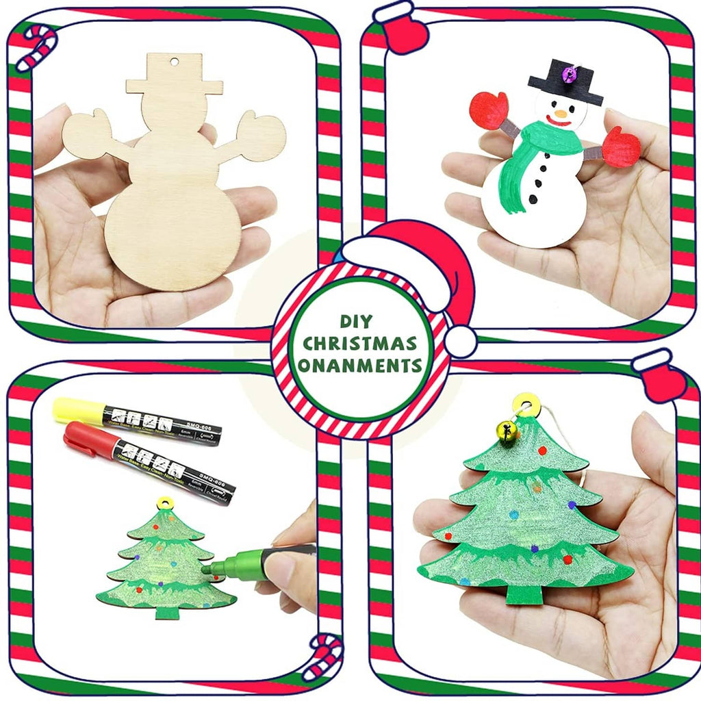 DIY wooden Christmas ornament cutouts shown with painted snowman and tree designs