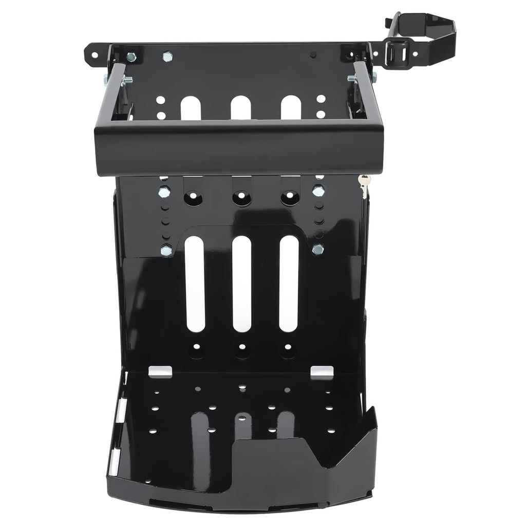 Black adjustable trailer rack mount with top tray and multiple mounting holes