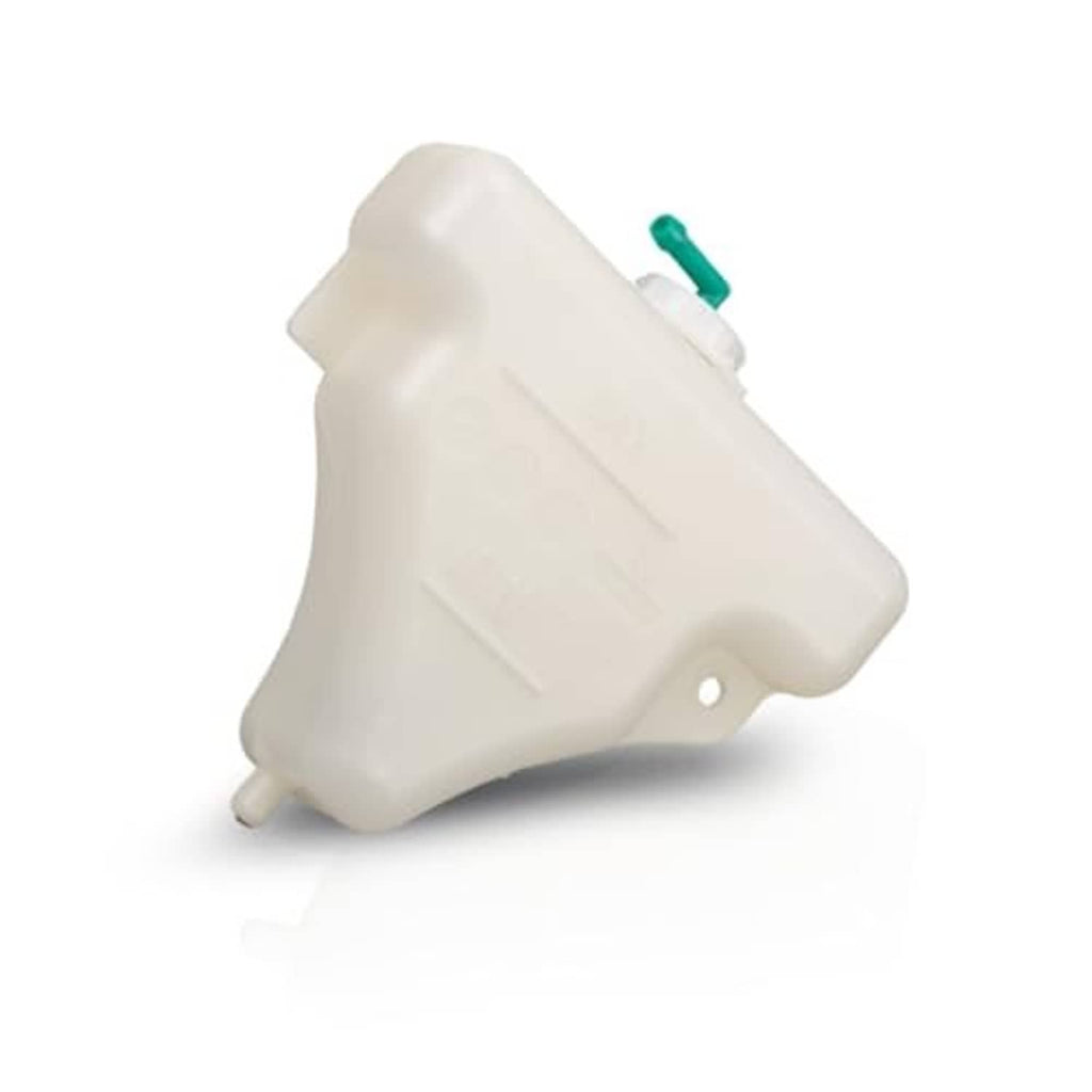 Off-white coolant reservoir with green cap fitting, compact side profile