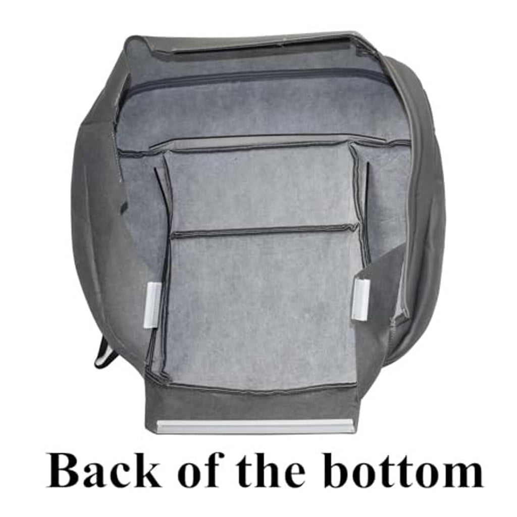 Gray underside of seat cover with mounting clips and padded fabric backing