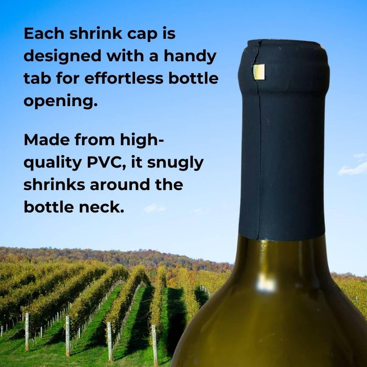 Matte black shrink cap fitted over a wine bottle neck with pull tab