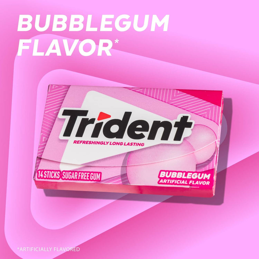 Trident Bubblegum sugar-free gum pack, pink box with Bubblegum flavor label