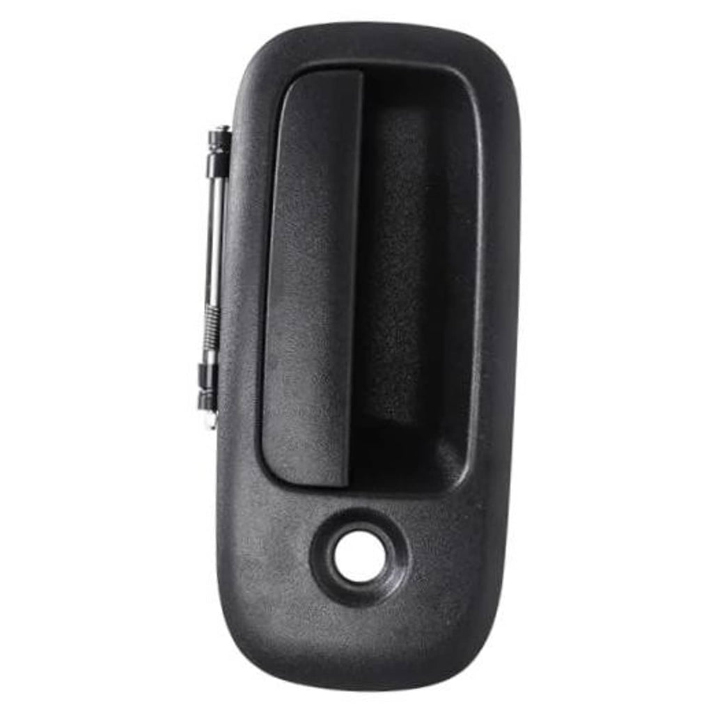 Black exterior door handle with circular keyhole opening on the outer bezel