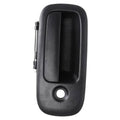 Black exterior door handle with circular keyhole opening on the outer bezel
