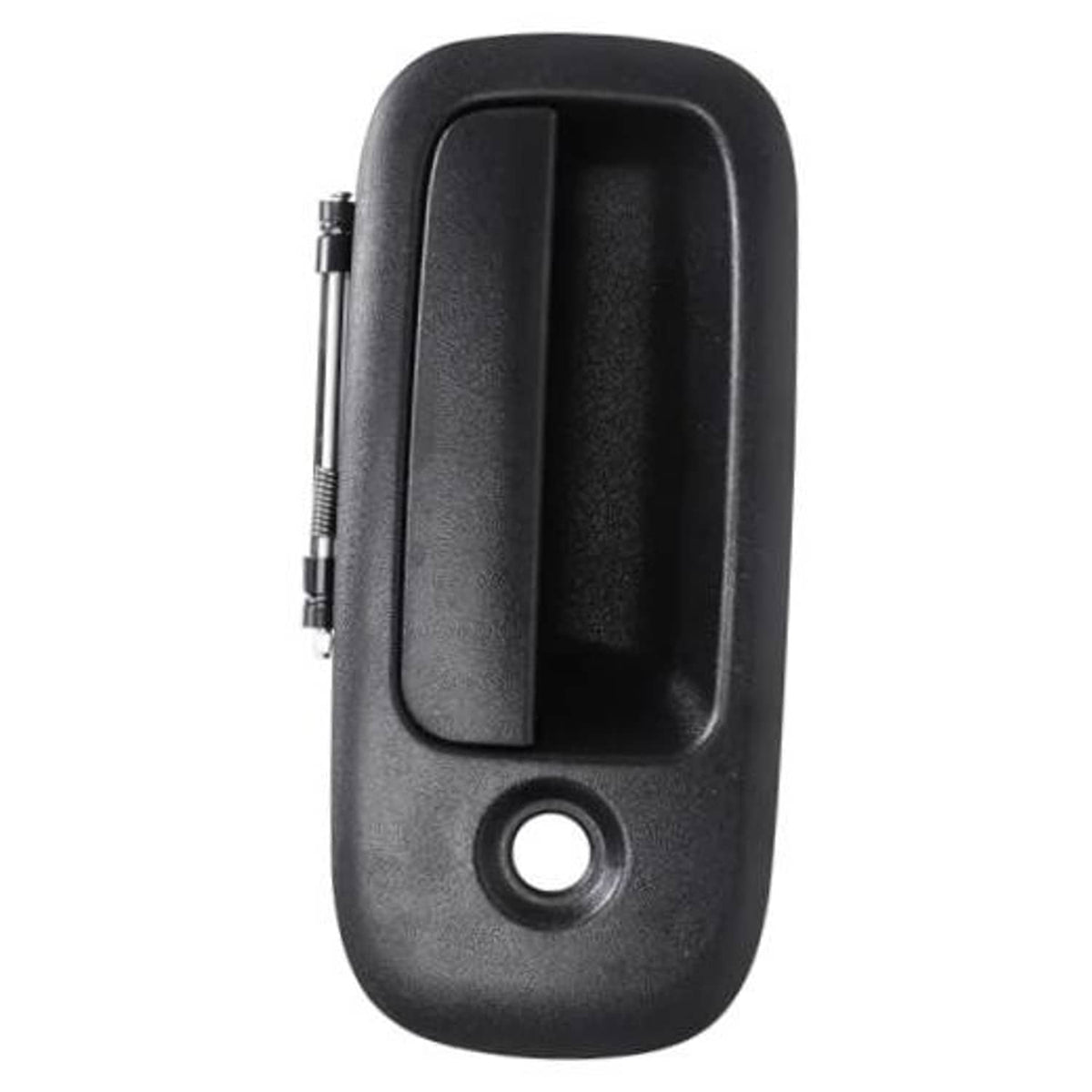 Black exterior door handle with circular keyhole opening on the outer bezel