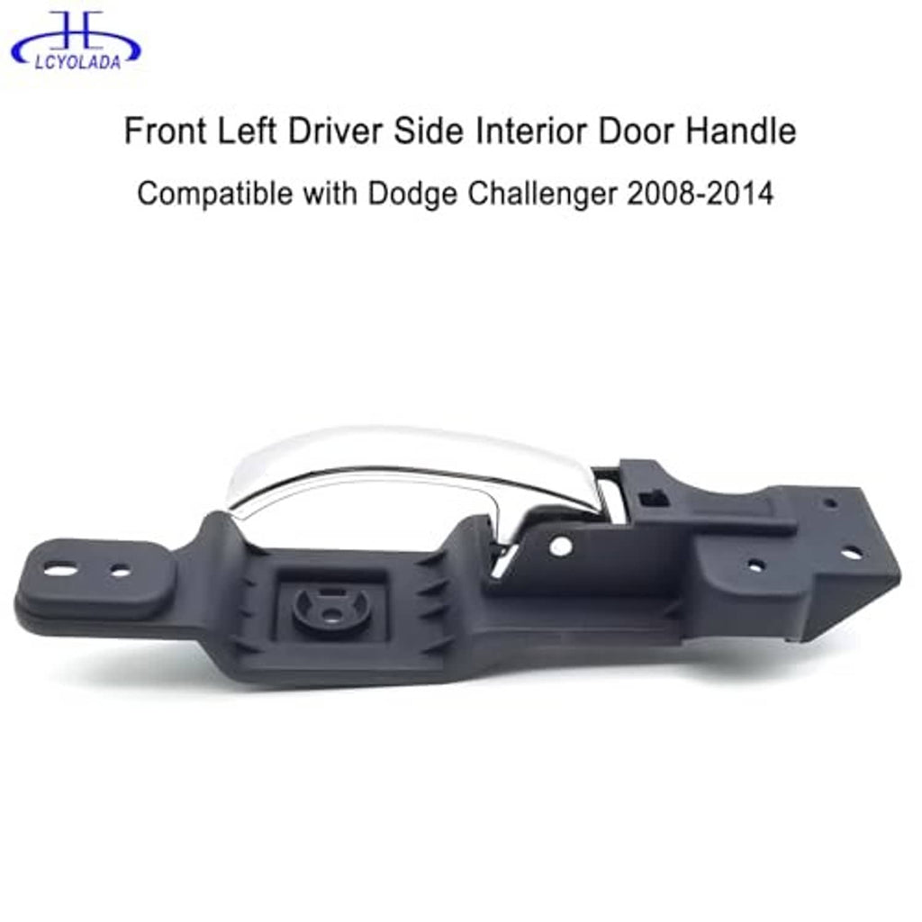 Front left driver-side interior door handle, chrome lever and black plastic base