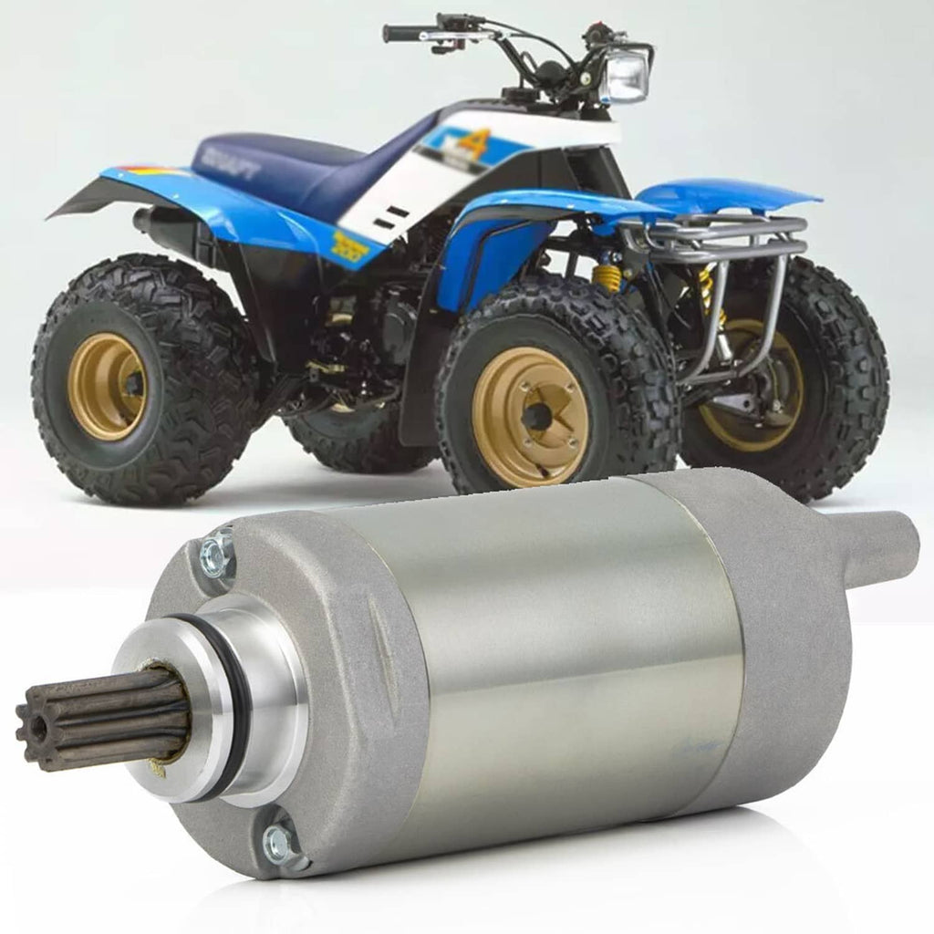 ATV starter motor with silver cylindrical housing and gear shaft, side view.
