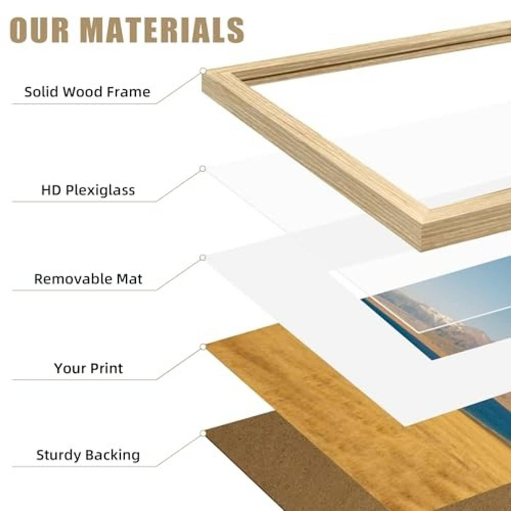 Natural wood poster frame with HD plexiglass, removable mat, and sturdy backing