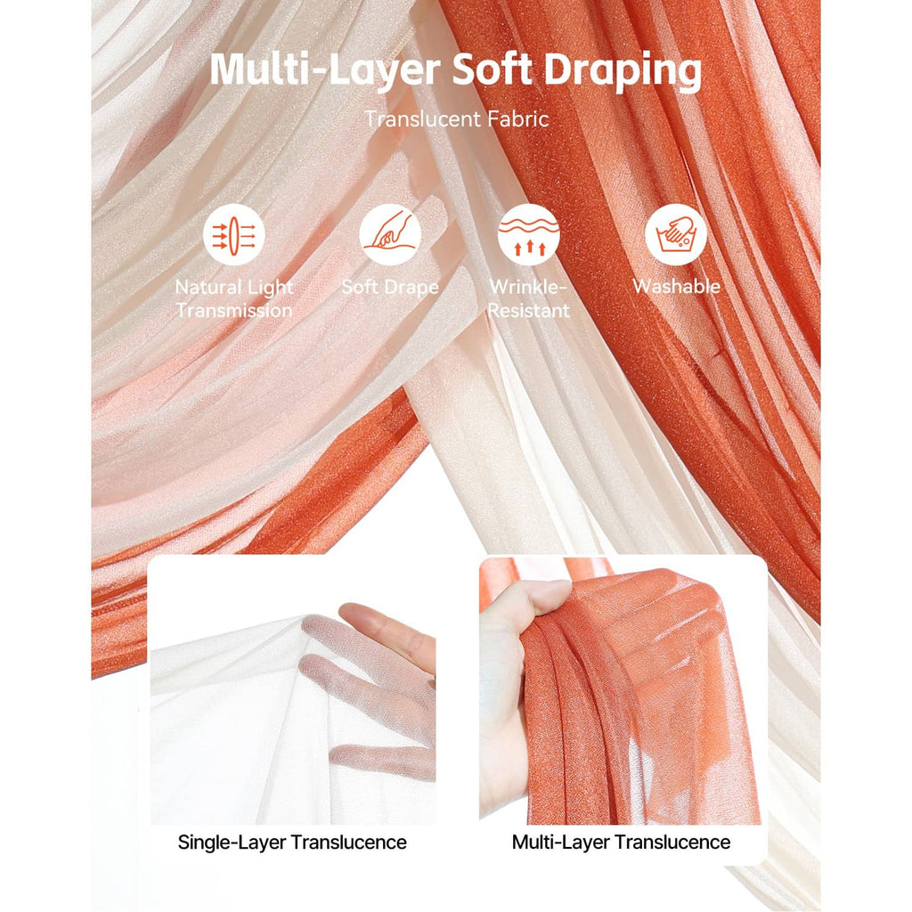 Layered translucent white and orange wedding arch draping fabric detail