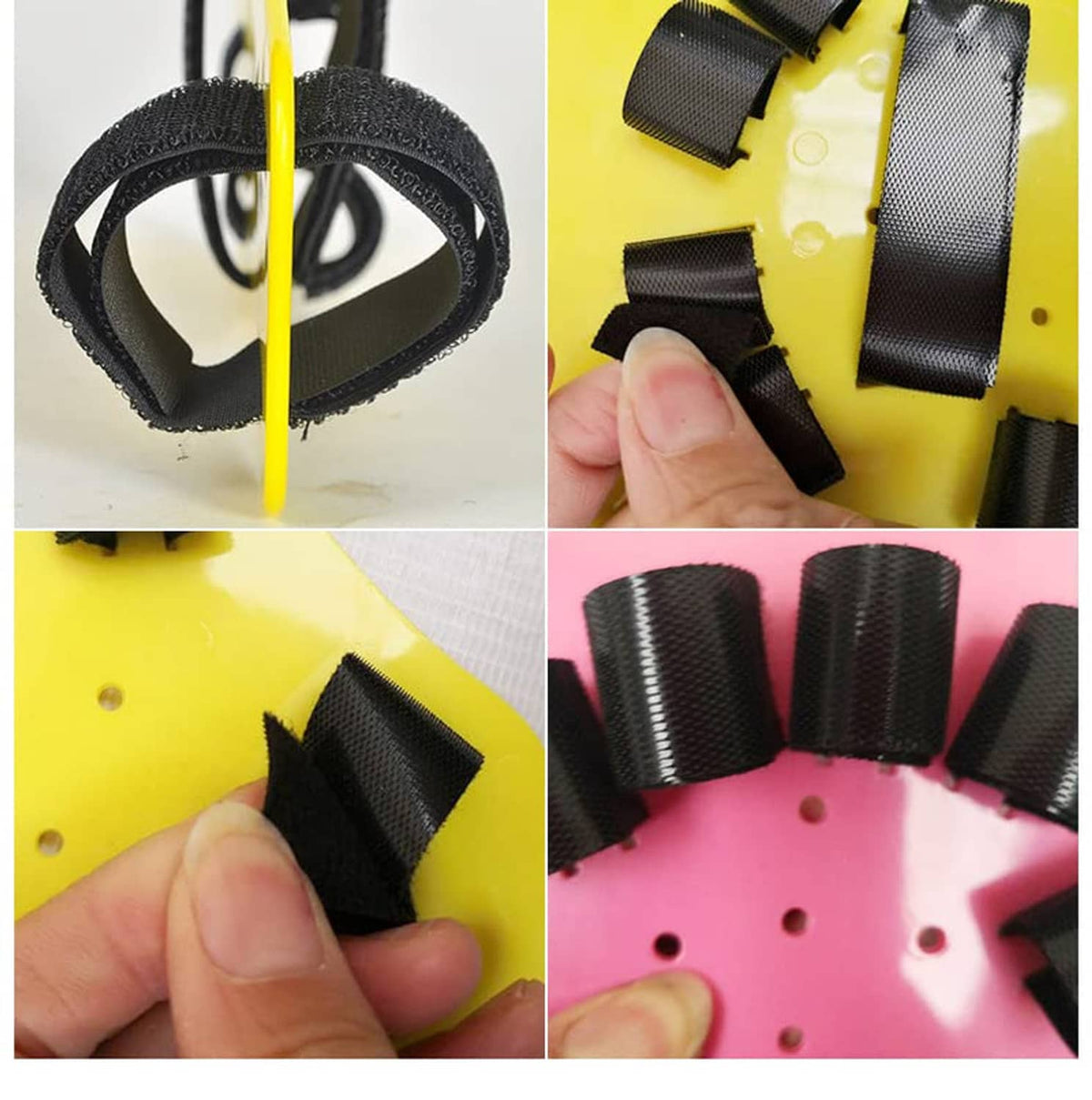 Black fabric fingerboard hand splint straps with adjustable hook-and-loop tabs