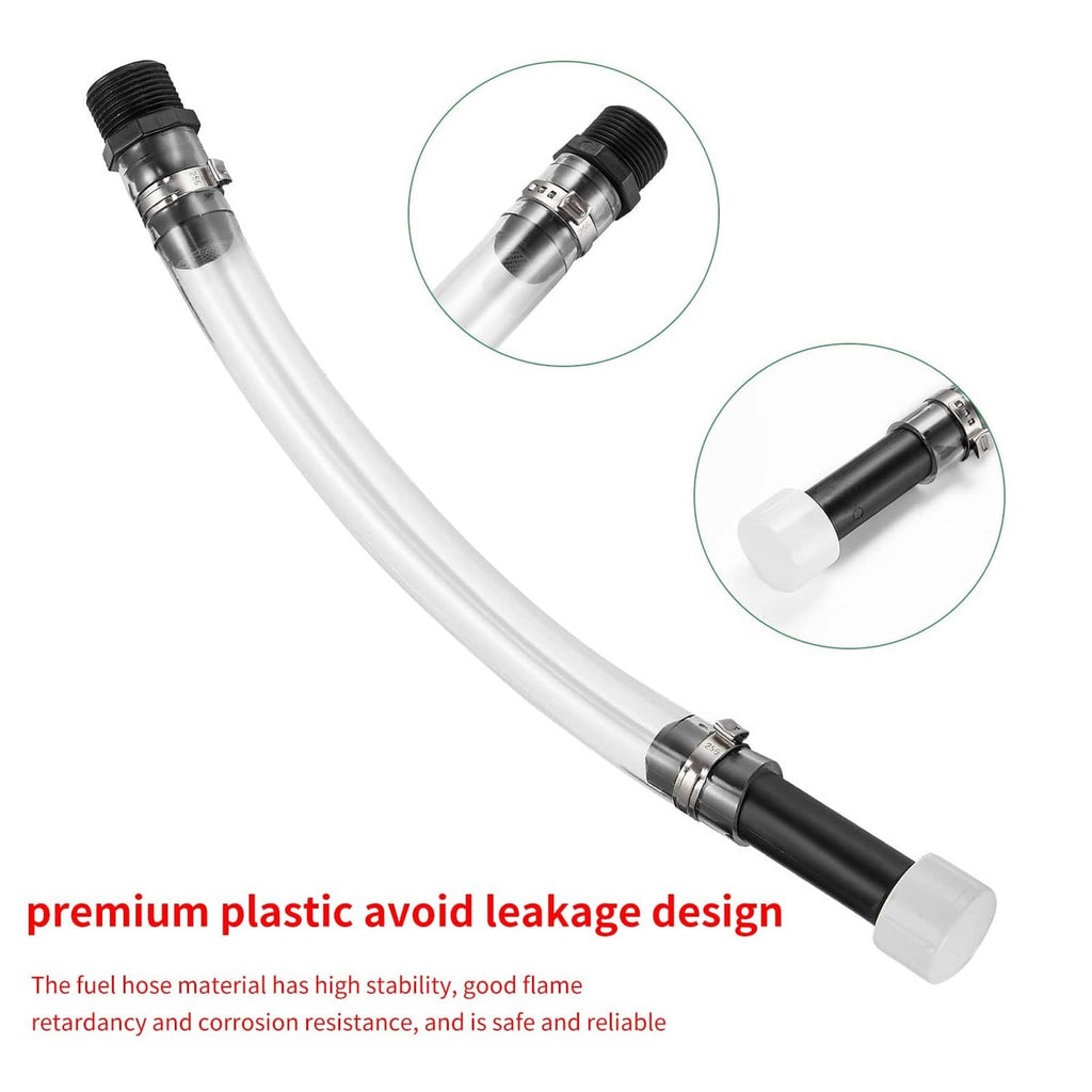 Fuel filler hose with clear tube, black coupling, and white plastic tip ends