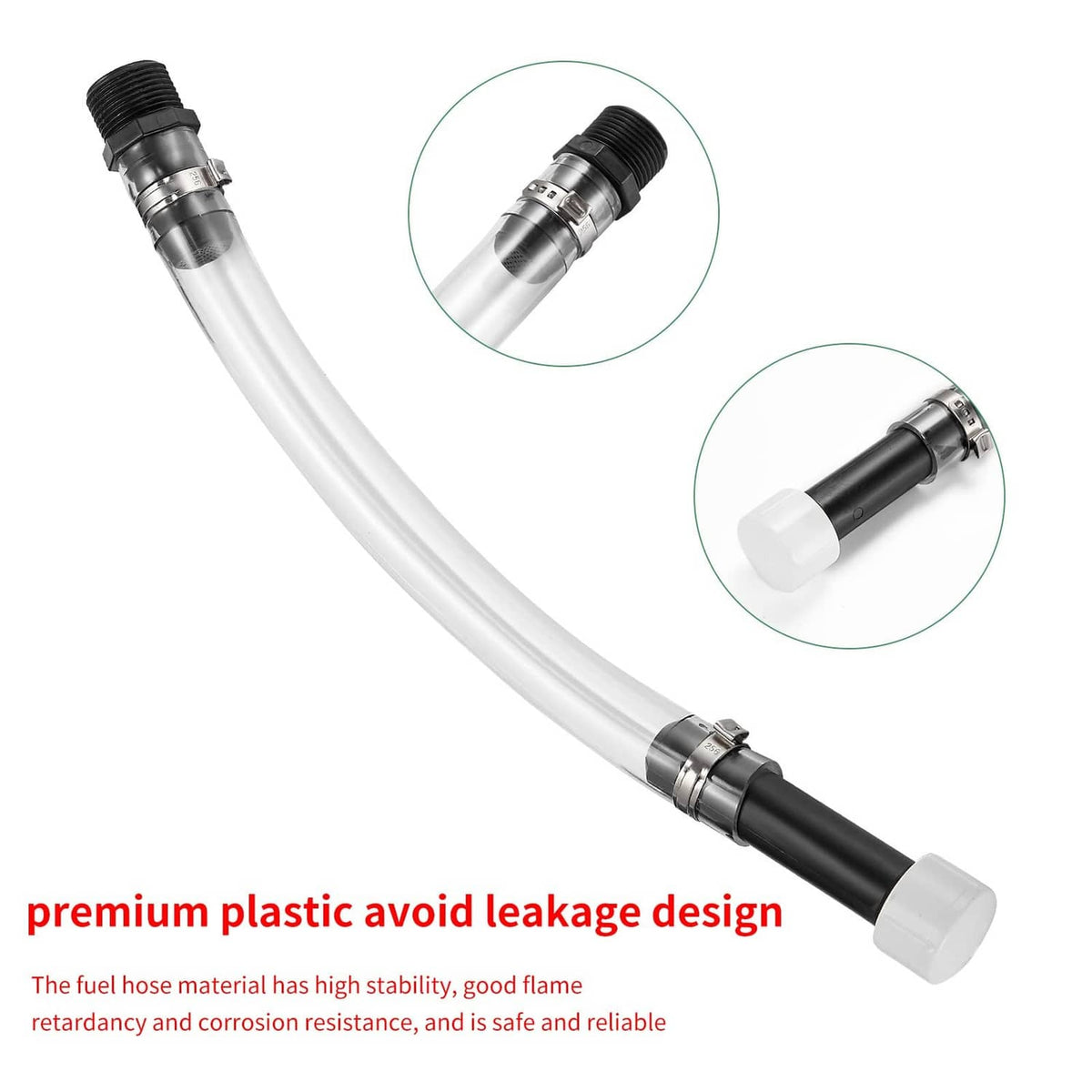 Fuel filler hose with clear tube, black coupling, and white plastic tip ends