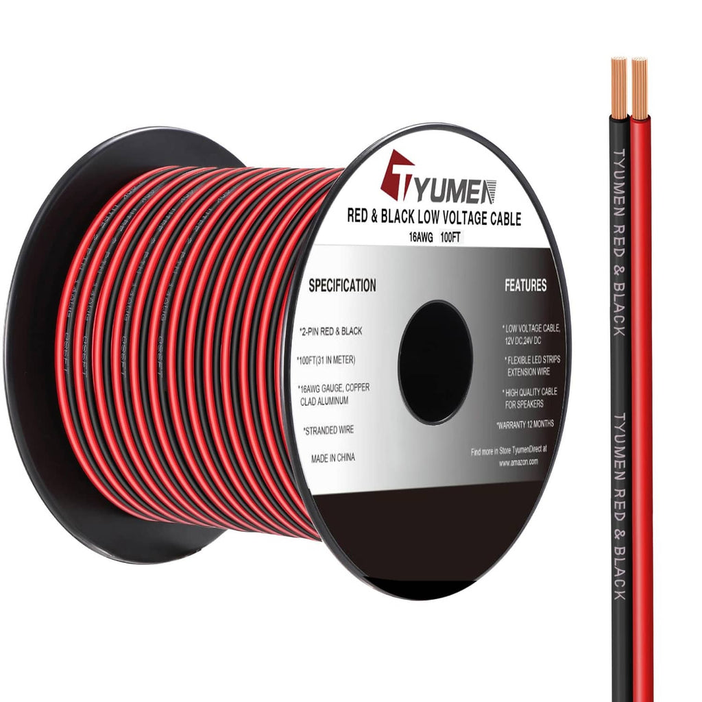 16 gauge red/black 2-conductor hookup wire on black spool, copper-clad aluminum core