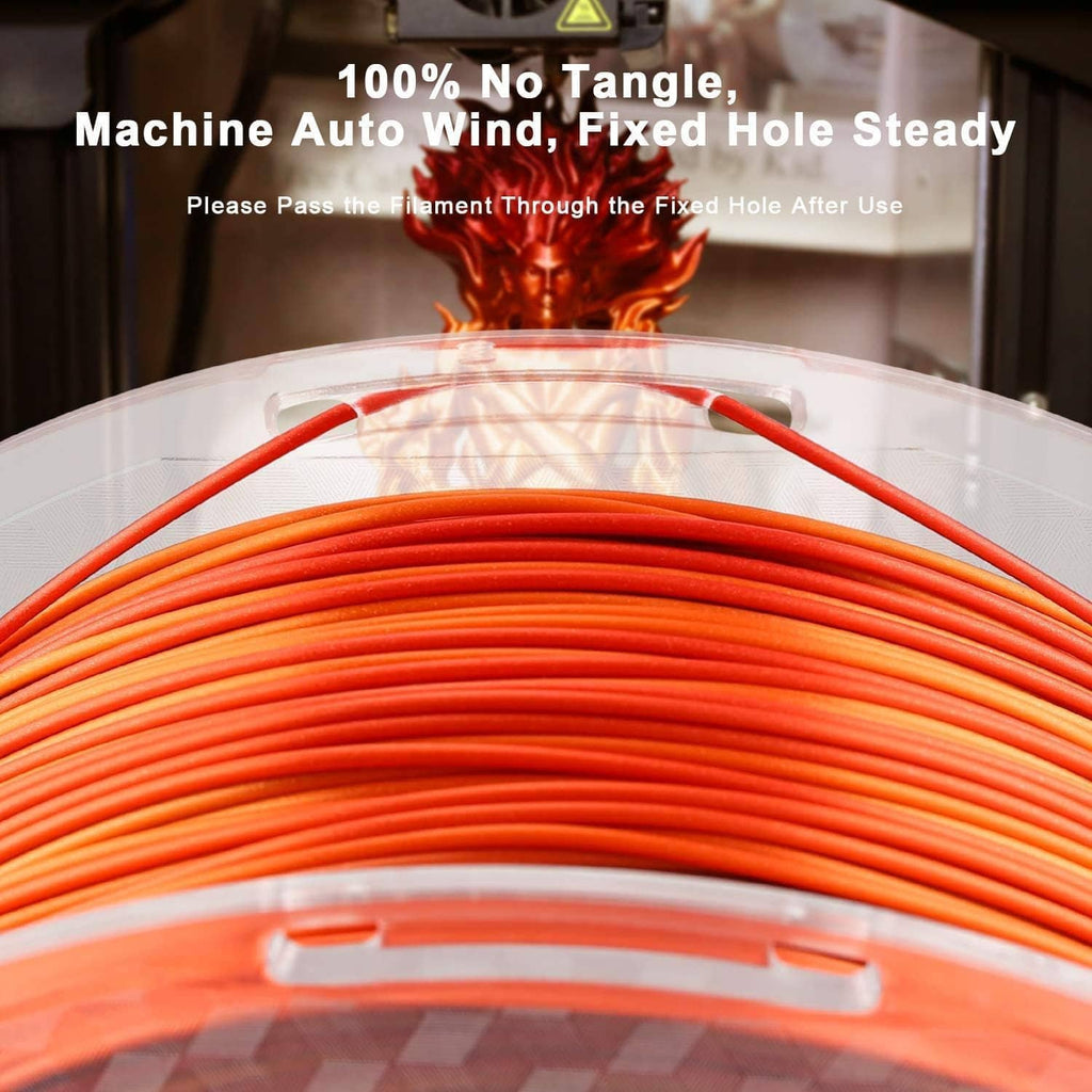 Coiled red-orange silk PLA gradient filament inside a clear spool
