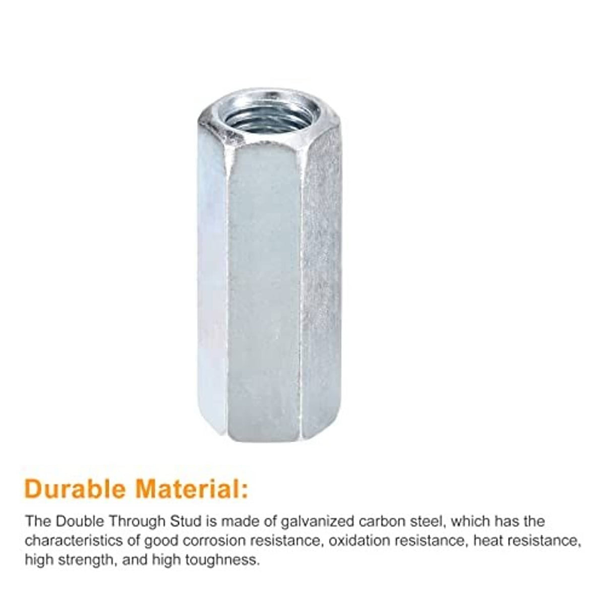 Galvanized hex coupling nut with internal threads, close-up view