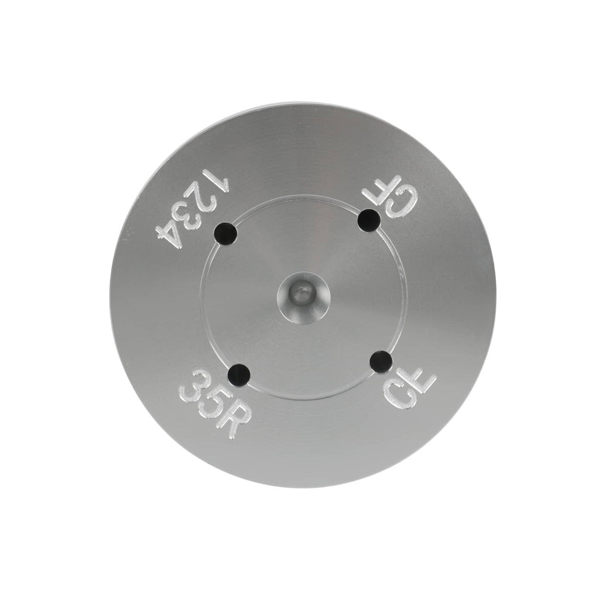 Metal drum tester end plate with four mounting holes and stamped scale markings