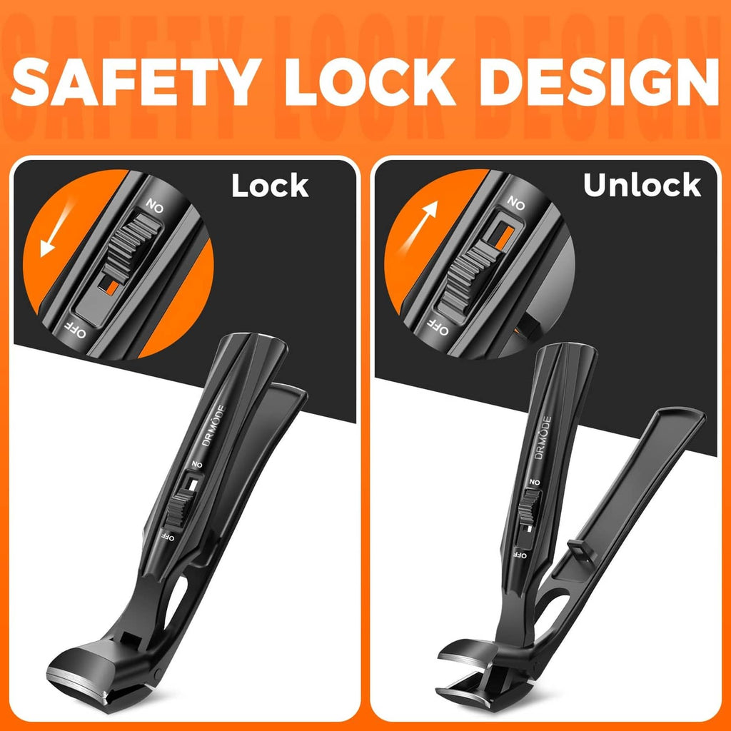 Black toenail clippers with safety lock and unlock mechanism