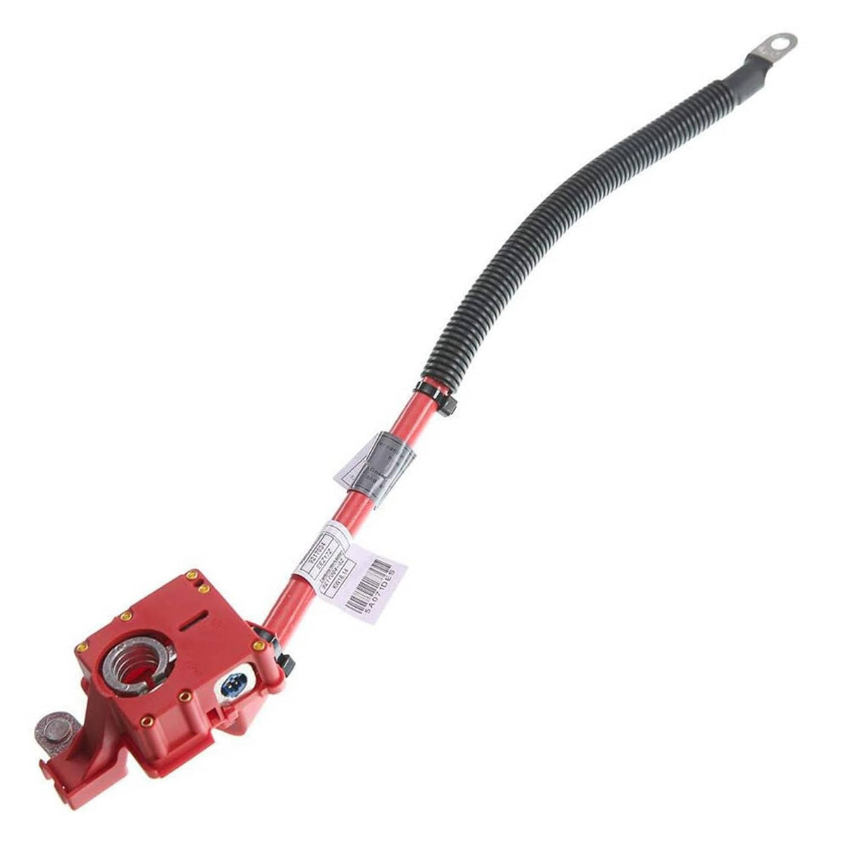 Red-and-black battery cable with small terminal housing and straight conduit length