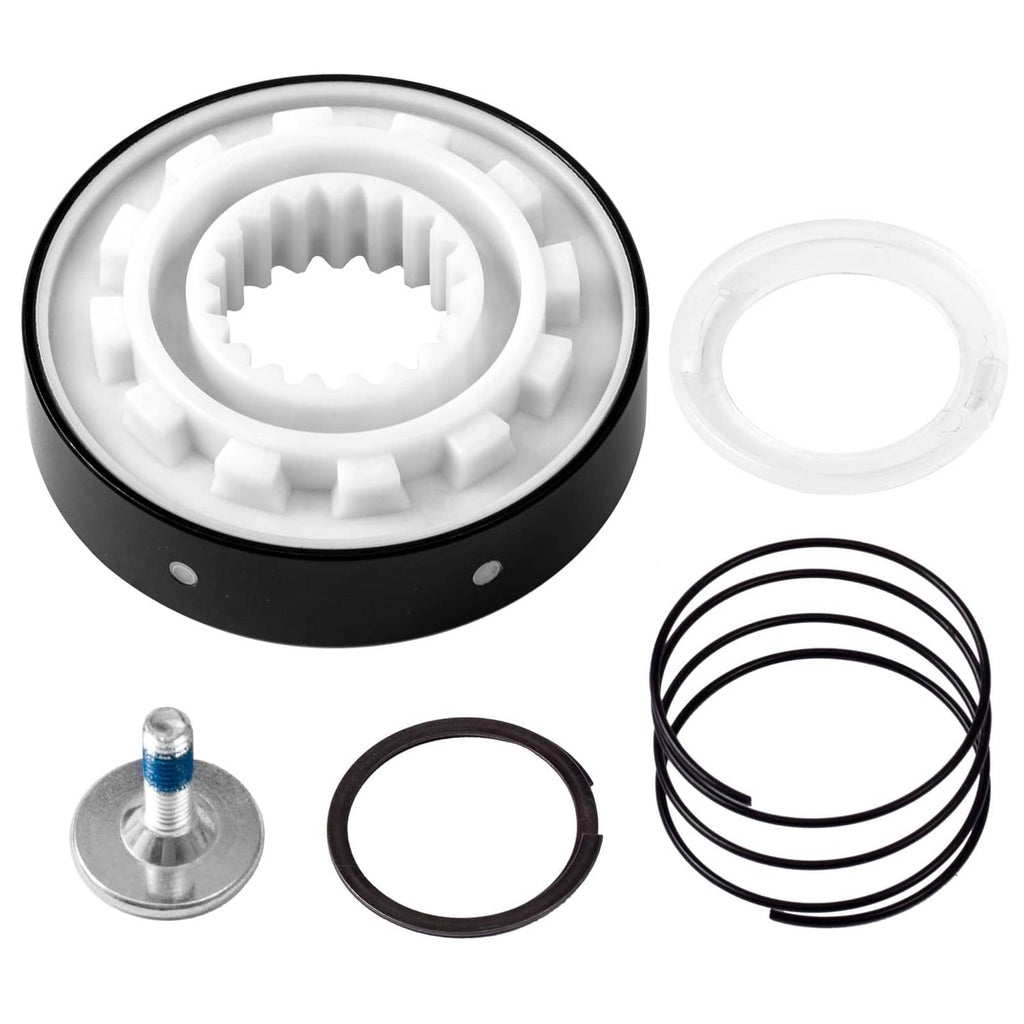 Washer clutch kit with white plastic hub, black ring, metal screw, and O-ring set