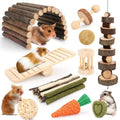 Small animal wooden cage accessory set: log tunnel, ramp bridge, hanging chew tower, carrot