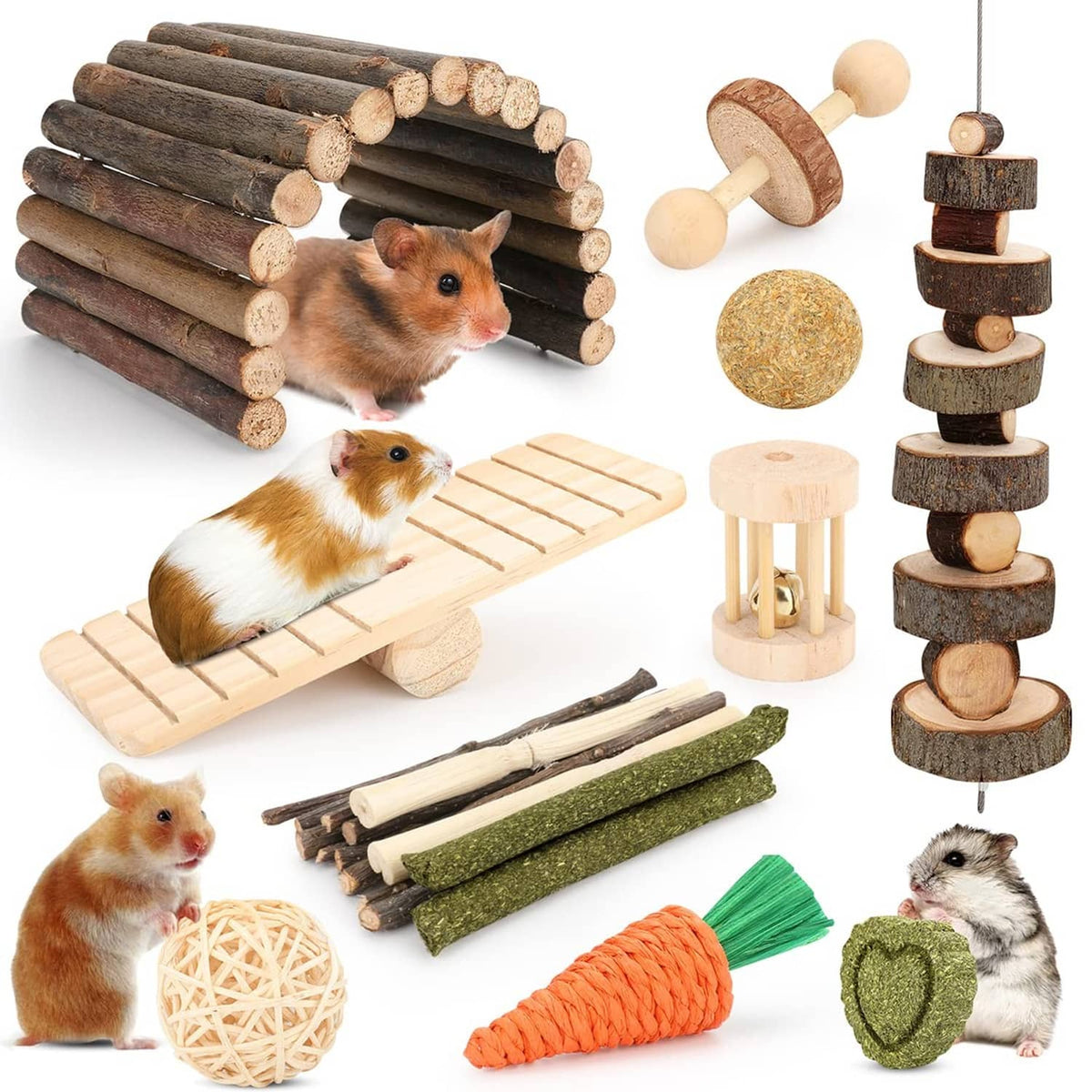Small animal wooden cage accessory set: log tunnel, ramp bridge, hanging chew tower, carrot