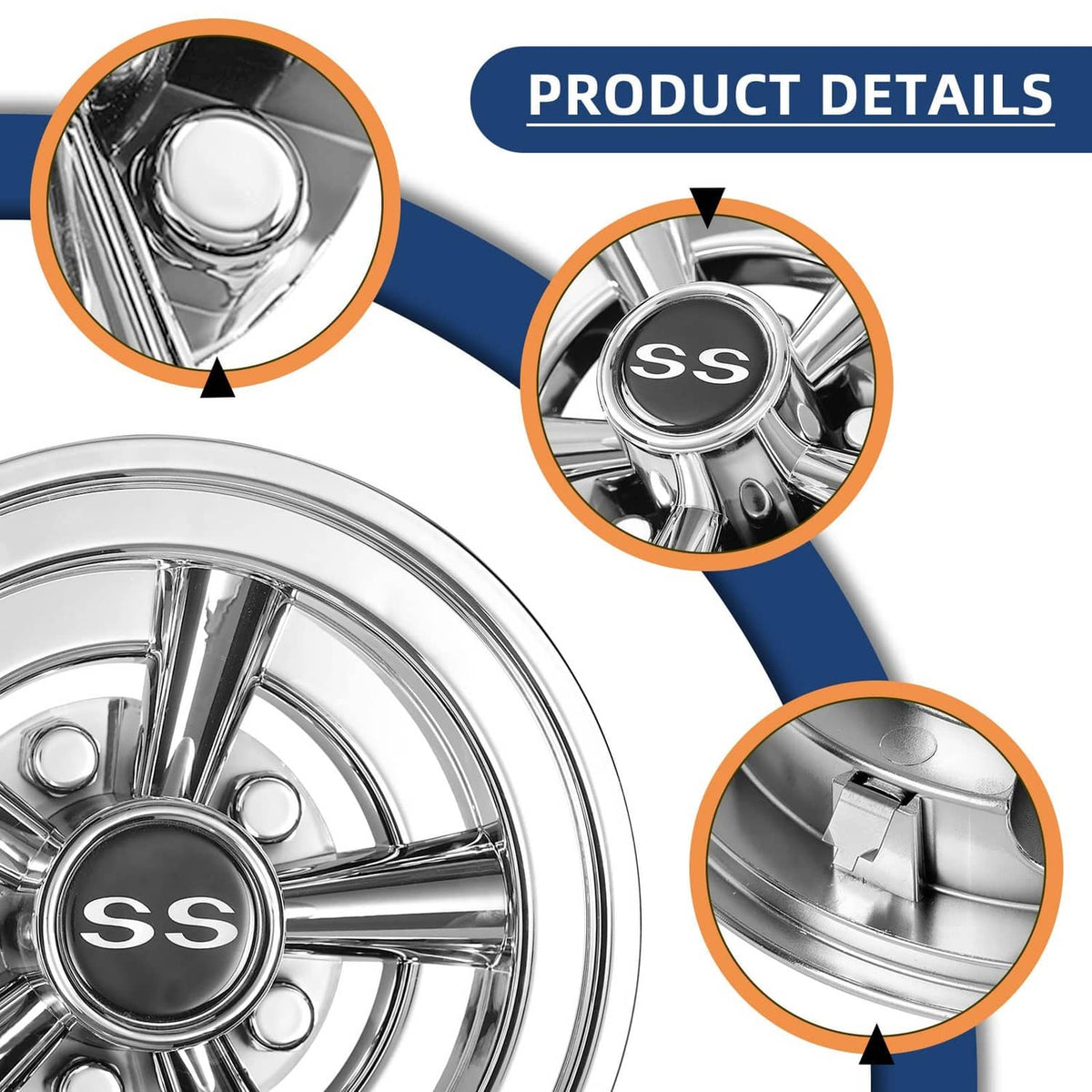 Chrome hubcap close-up with SS center badge and curved reflective rim spokes