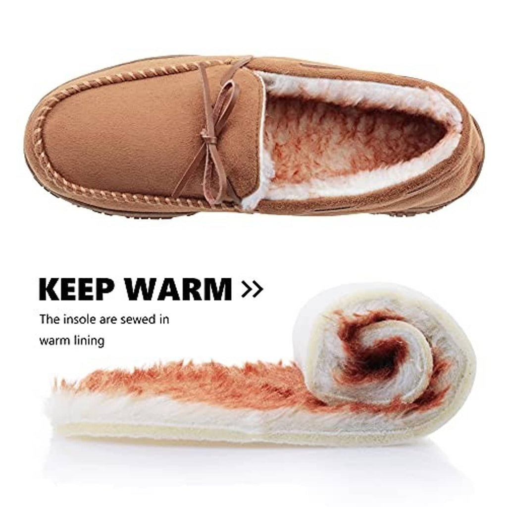 Men’s brown moccasin slippers with plush collar lining and tied bow detail