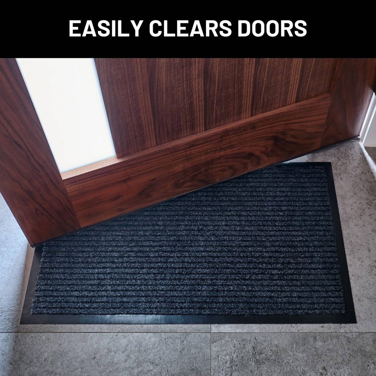 Steel gray front door floor mat with dense ribbed texture and flat PVC backing