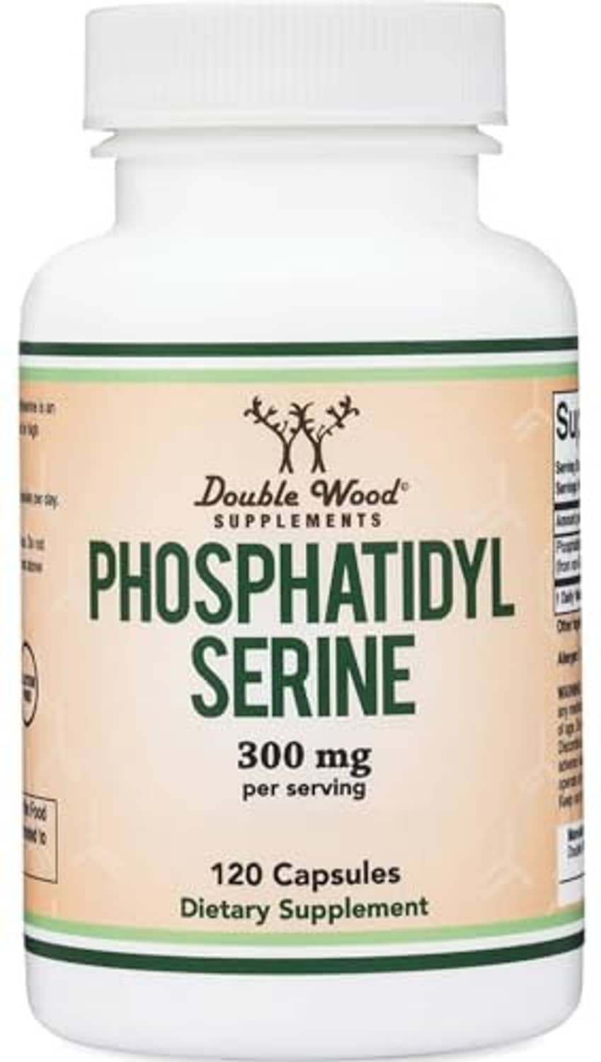 Phosphatidylserine dietary supplement bottle, 300 mg per serving, 120 capsules, Double Wood
