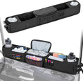 Black golf cart front storage tray with cooler lid, accessory pockets, and drink holders