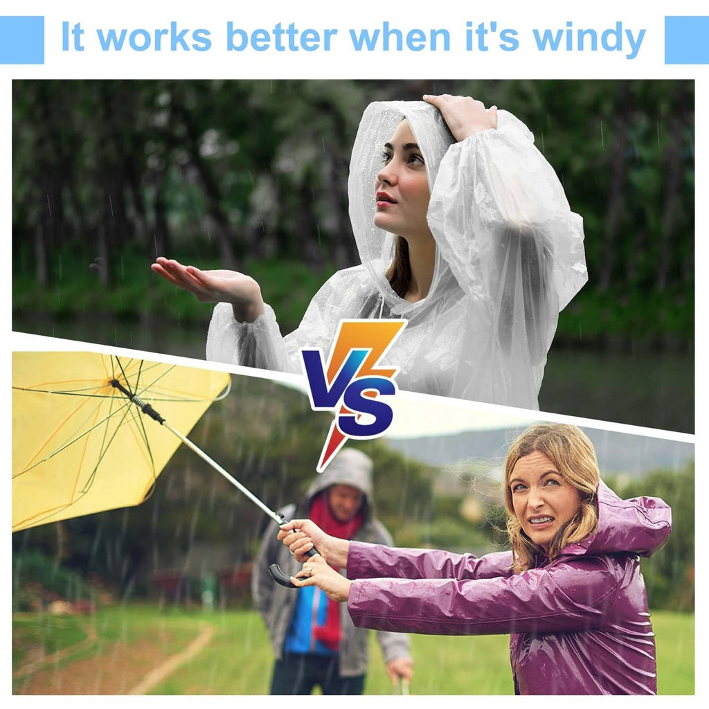 White rain poncho with hood worn outdoors in wet weather