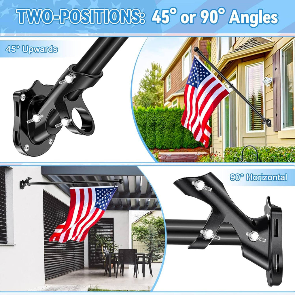 Black metal flagpole bracket with two mounting angle holes and clamp hardware