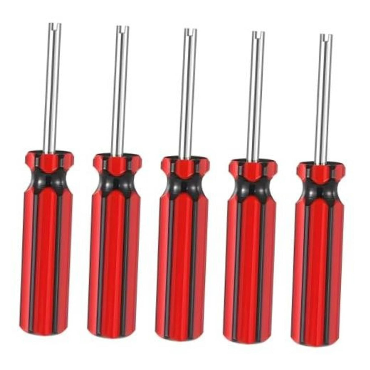 Set of 5 red-and-black tire valve core removal tools with metal stems